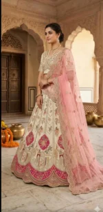 Elegant ivory bridal lehenga with floral embroidery and soft pink dupatta