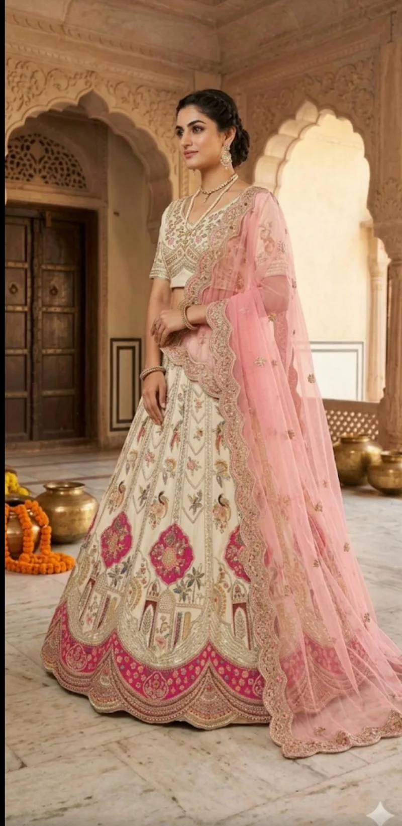 Elegant ivory bridal lehenga with floral embroidery and soft pink dupatta