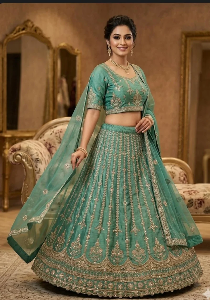 Elegant emerald green bridal lehenga set with heavy embroidery and sequin embellishments