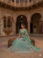 Luxury emerald green lehenga set with detailed border embroidery for wedding and festive wear