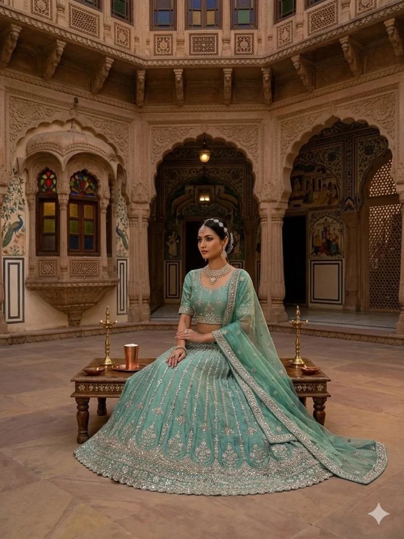 emerald-grace-embroidered-lehenga-front-view Luxury emerald green lehenga set with detailed border embroidery for wedding and festive wear