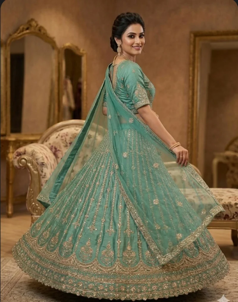 Back view of designer emerald green lehenga with intricate zari embroidery and net dupatta