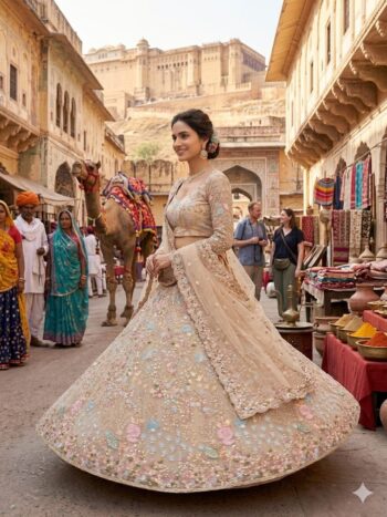 Bride-inspired pastel embroidered lehenga set with intricate sequin work and traditional ethnic styling