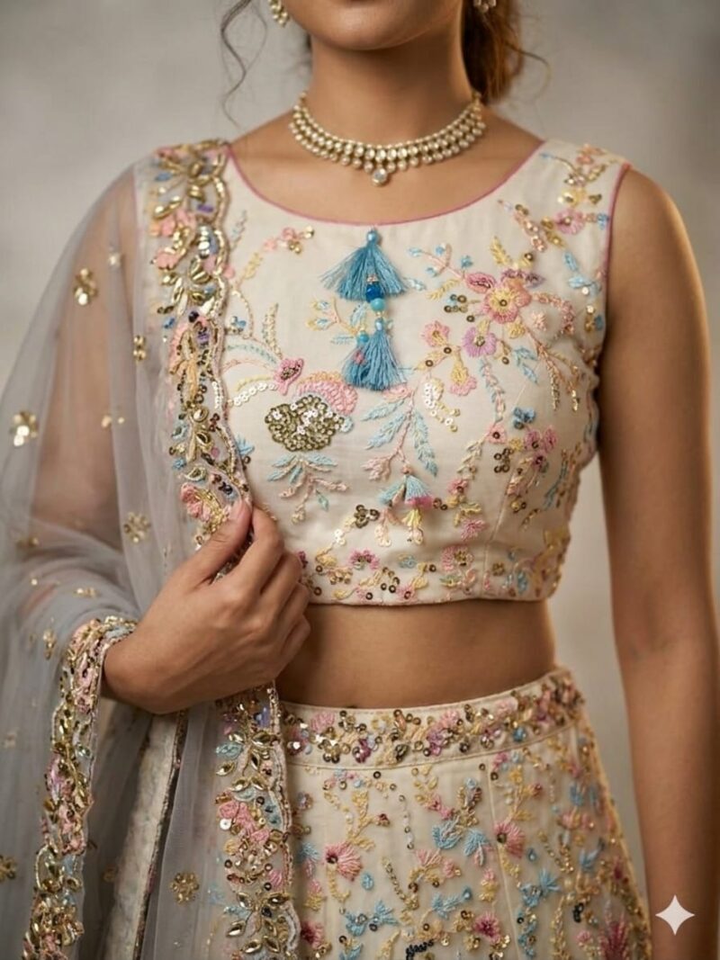 pastel-embroidered-lehenga-closeup-blouse Close-up view of pastel embroidered bridal lehenga blouse with floral threadwork and sequins