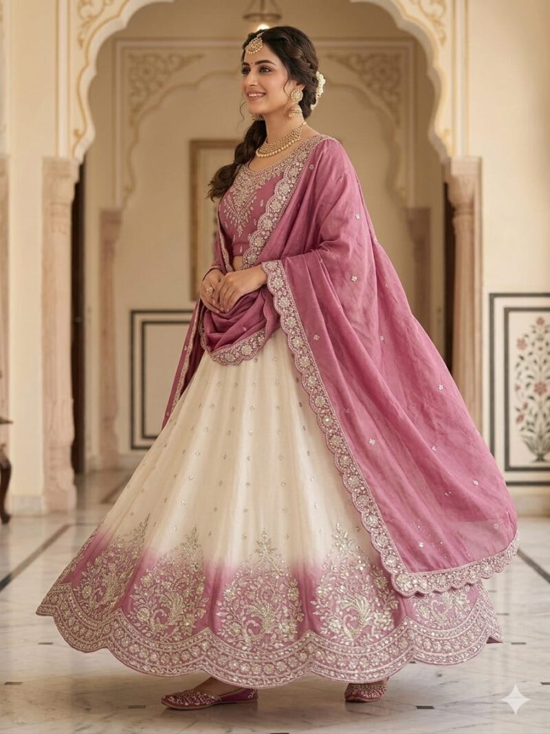Designer ivory lehenga set with rose pink embroidered border