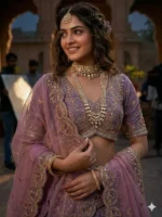 Close-up of mauve embroidered lehenga blouse with sequin embellishments and threadwork