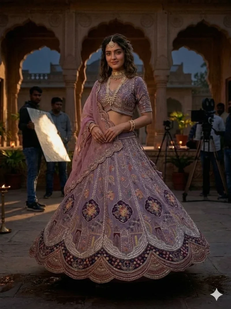 Detailed zari embroidery and scalloped border design on mauve lehenga skirt