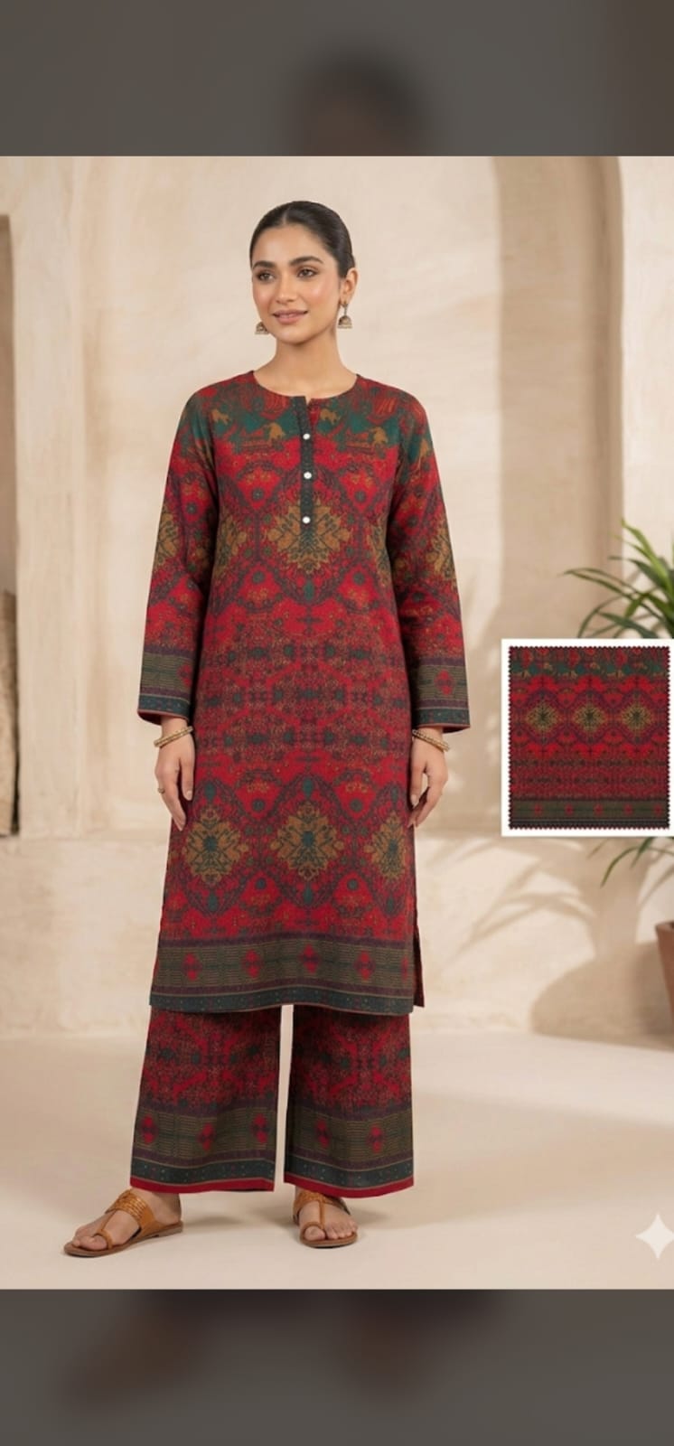Red Co-Ord Set for Women Red Co-Ord Set with Printed Longline Kurti and Wide-Leg Palazzo Pants