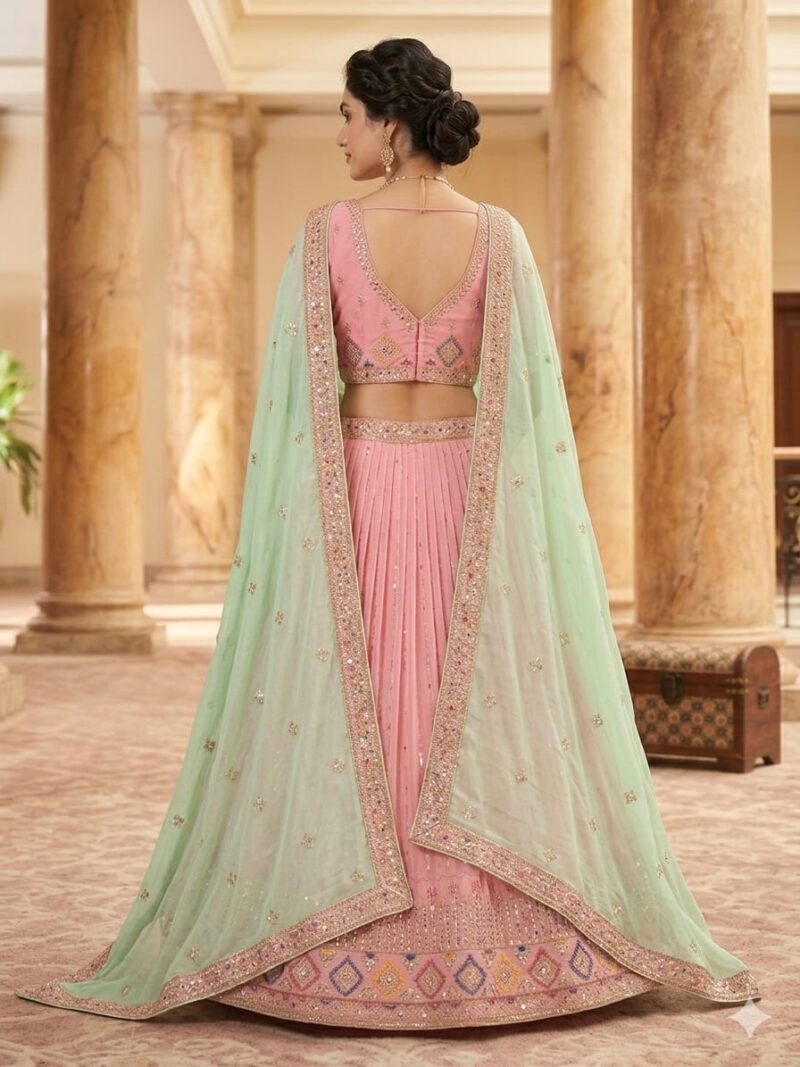 Back view of blush pink designer lehenga choli with deep neckline blouse