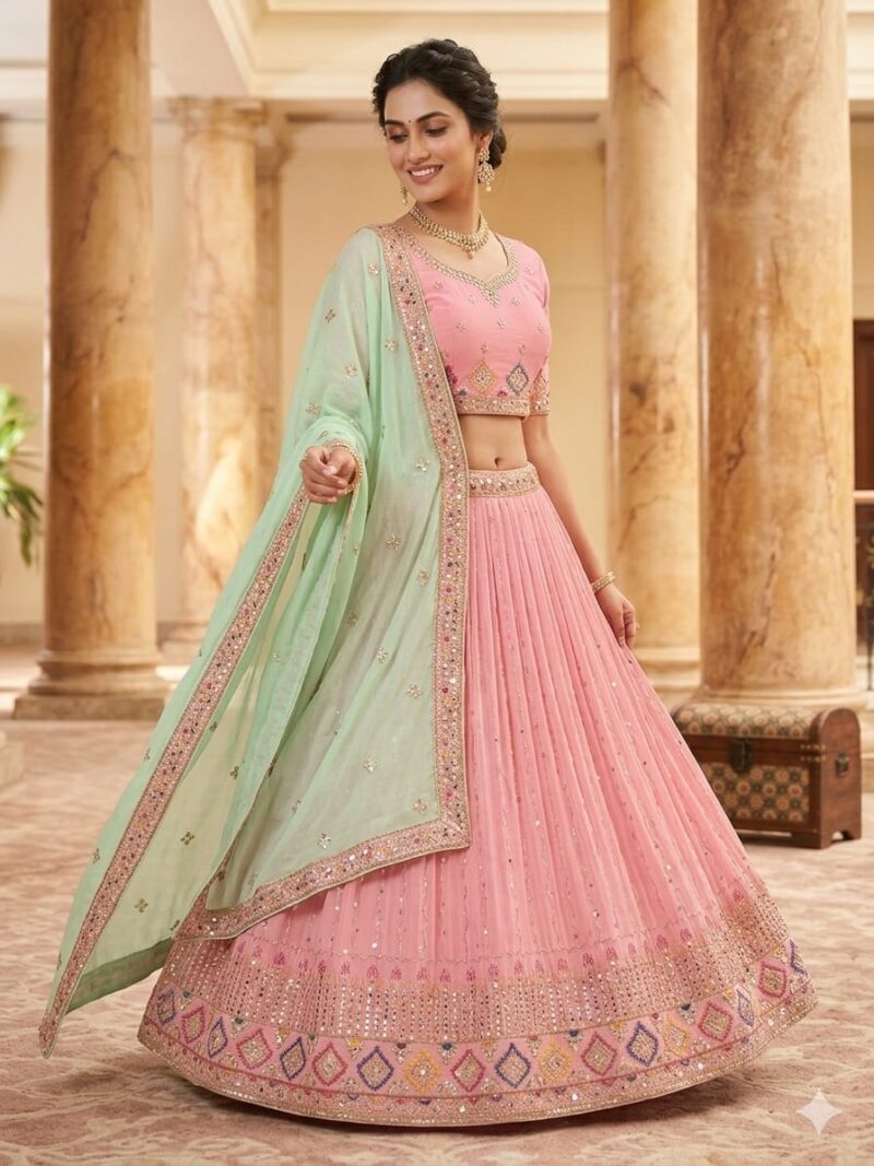Back view of blush pink designer lehenga choli with deep neckline blouse