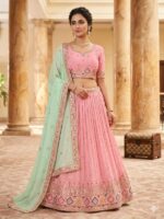Traditional blush pink lehenga with embroidered border and net dupatta