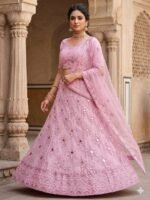 Blush pink mirror work lehenga with embroidered net dupatta
