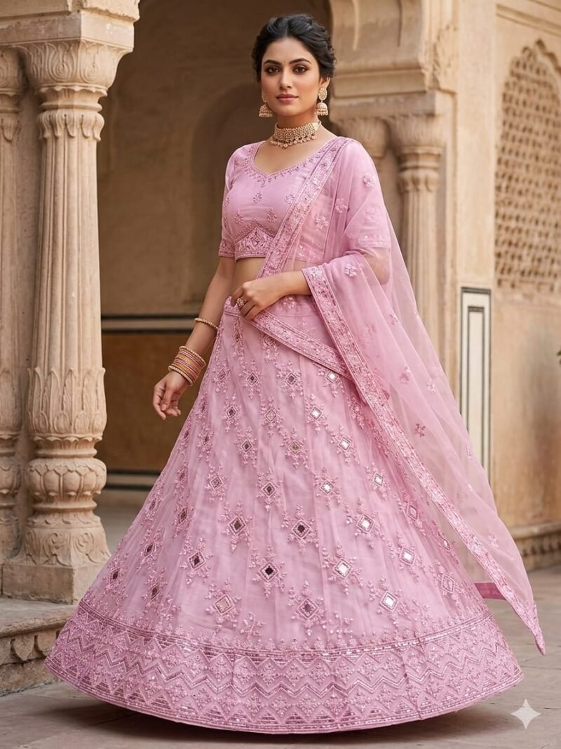 Blush pink mirror work lehenga with embroidered net dupatta