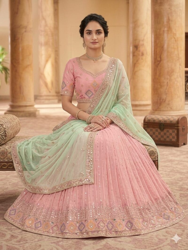 Blush pink semi stitched lehenga choli with mint green dupatta and embroidery