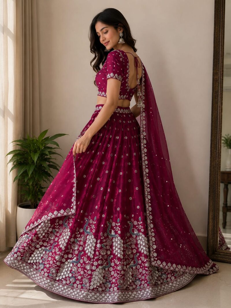 Royal magenta lehenga with peacock embroidery and dupatta