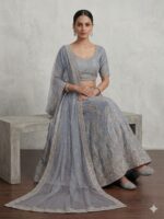 Elegant grey lehenga set with silver zari embroidery work