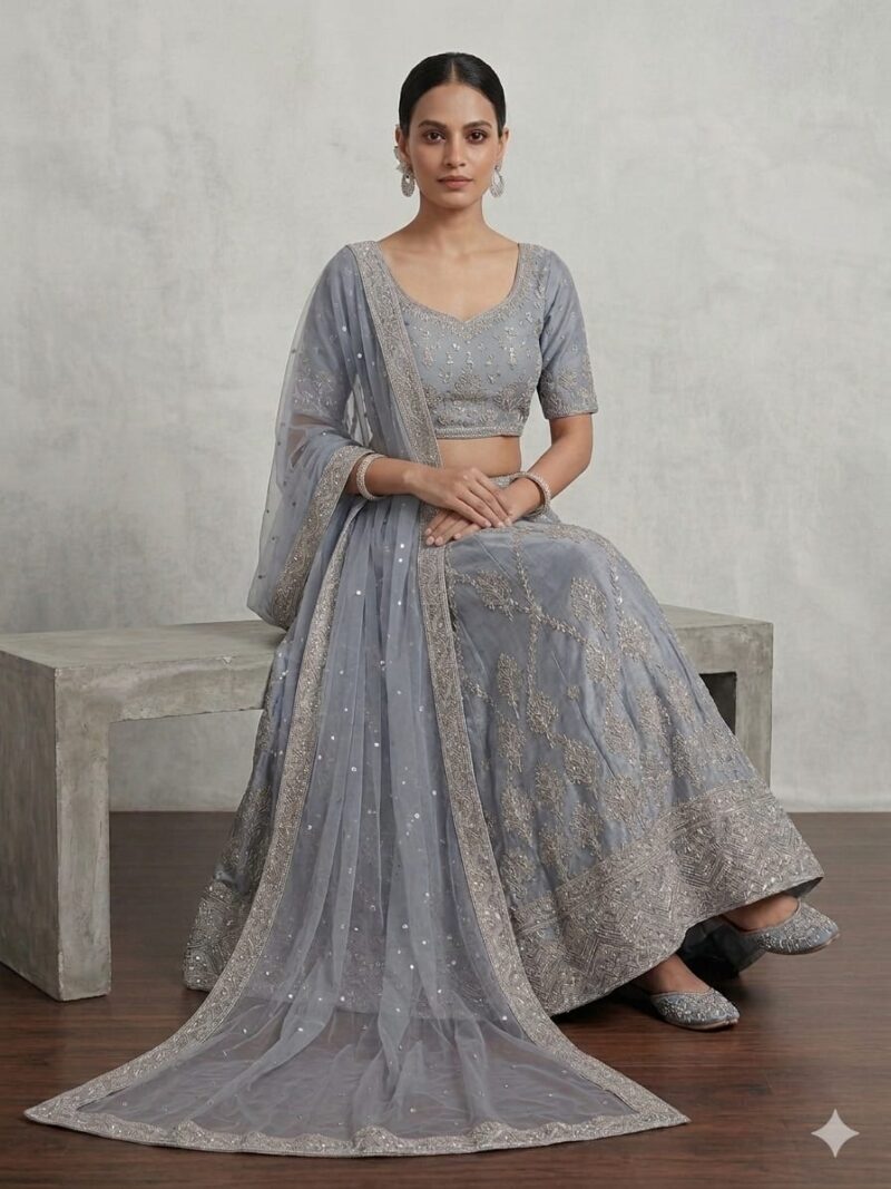 Elegant grey lehenga set with silver zari embroidery work