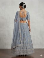 Back view of grey designer lehenga with tie-up blouse
