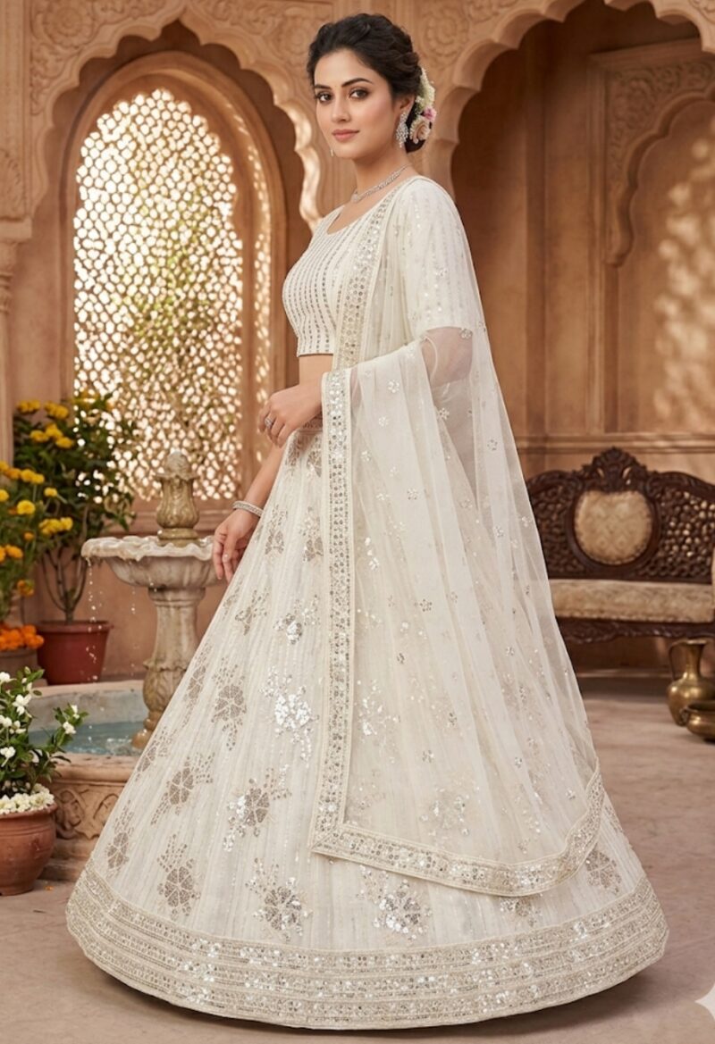 Ivory pearl embroidered lehenga with designer net dupatta