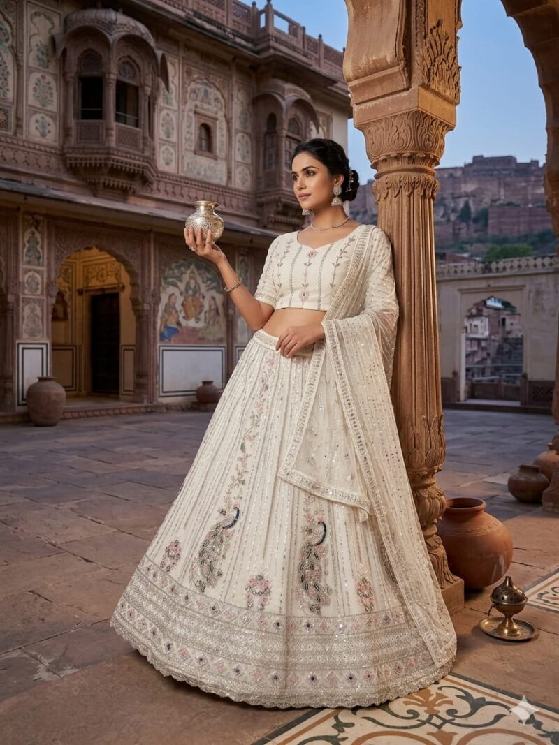 Elegant ivory lehenga featuring intricate zari embroidery and floral detailing