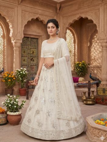 Elegant ivory lehenga set with embroidered border dupatta