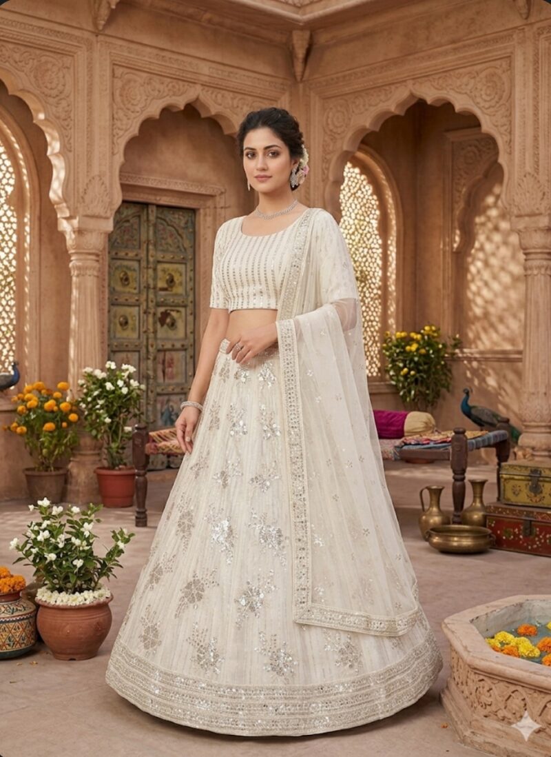 ivory-pearl-embroidered-lehenga-front-view Elegant ivory lehenga set with embroidered border dupatta