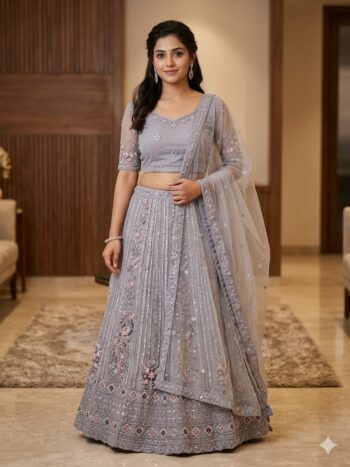 Designer lavender lehenga featuring zari and sequin embroidery