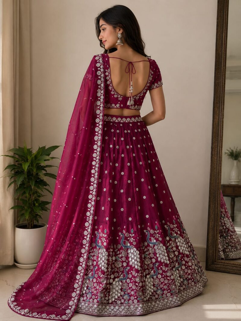 Deep back blouse design with tassels on magenta lehenga
