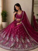 Traditional magenta bridal lehenga with floral embroidery