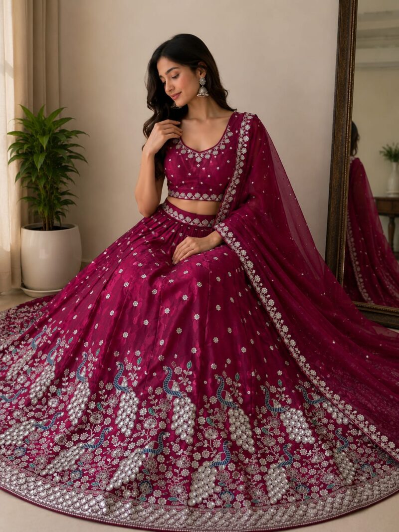 Traditional magenta bridal lehenga with floral embroidery