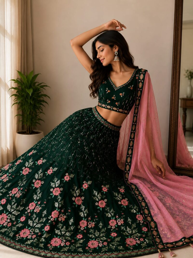 Front view of midnight bloom designer lehenga set for wedding celebrations