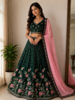 Elegant dark green lehenga with embroidered blouse and blush pink dupatta