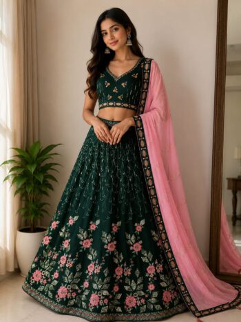 Elegant dark green lehenga with embroidered blouse and blush pink dupatta