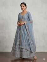 Grey embroidered lehenga set with silver zari work and sequin detailing