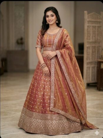 Elegant rustic copper lehenga with embroidered silk blend dupatta
