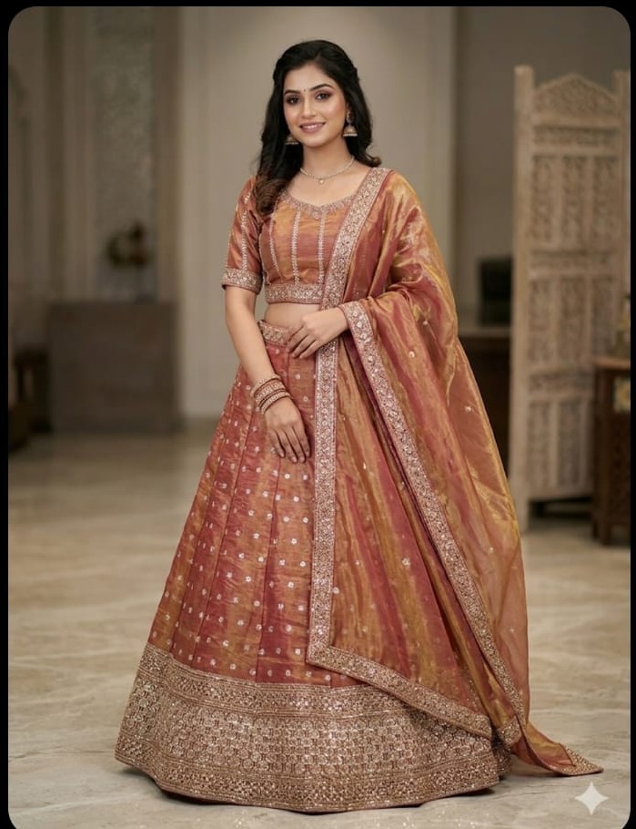 rustic-copper-designer-lehenga-front-view Elegant rustic copper lehenga with embroidered silk blend dupatta