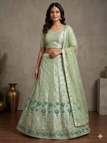 Sage green embroidered lehenga with matching net dupatta