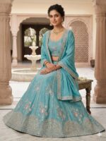 Closeup view of teal blue embroidered lehenga choli