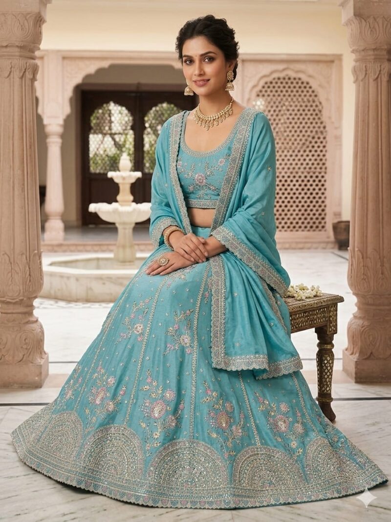 Closeup view of teal blue embroidered lehenga choli