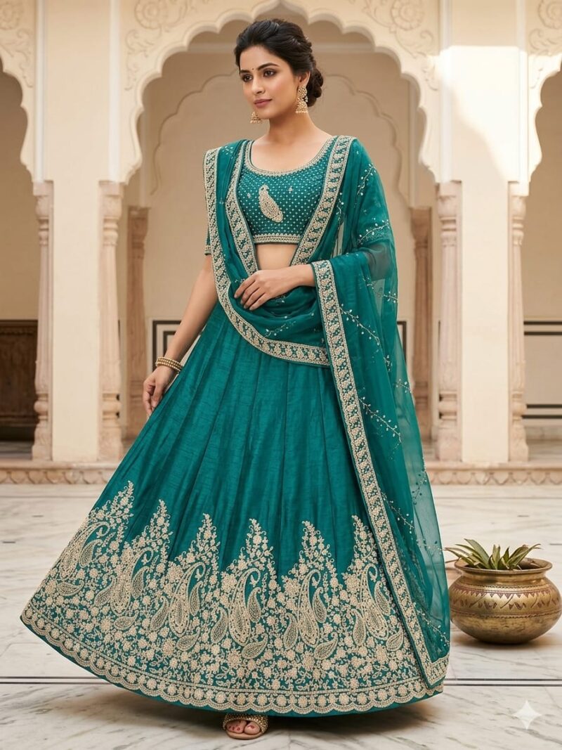 Traditional teal lehenga set with embroidered border dupatta