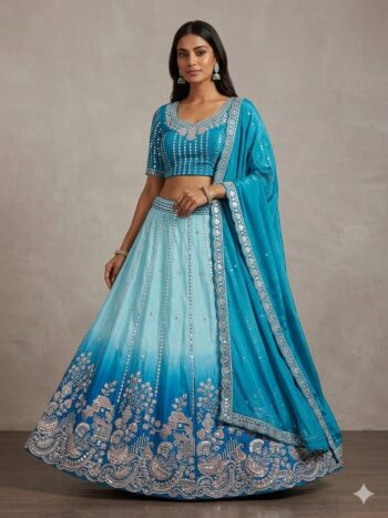 Teal blue ombre embroidered lehenga with matching dupatta