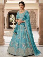Rich teal bridal lehenga set with zari embroidery