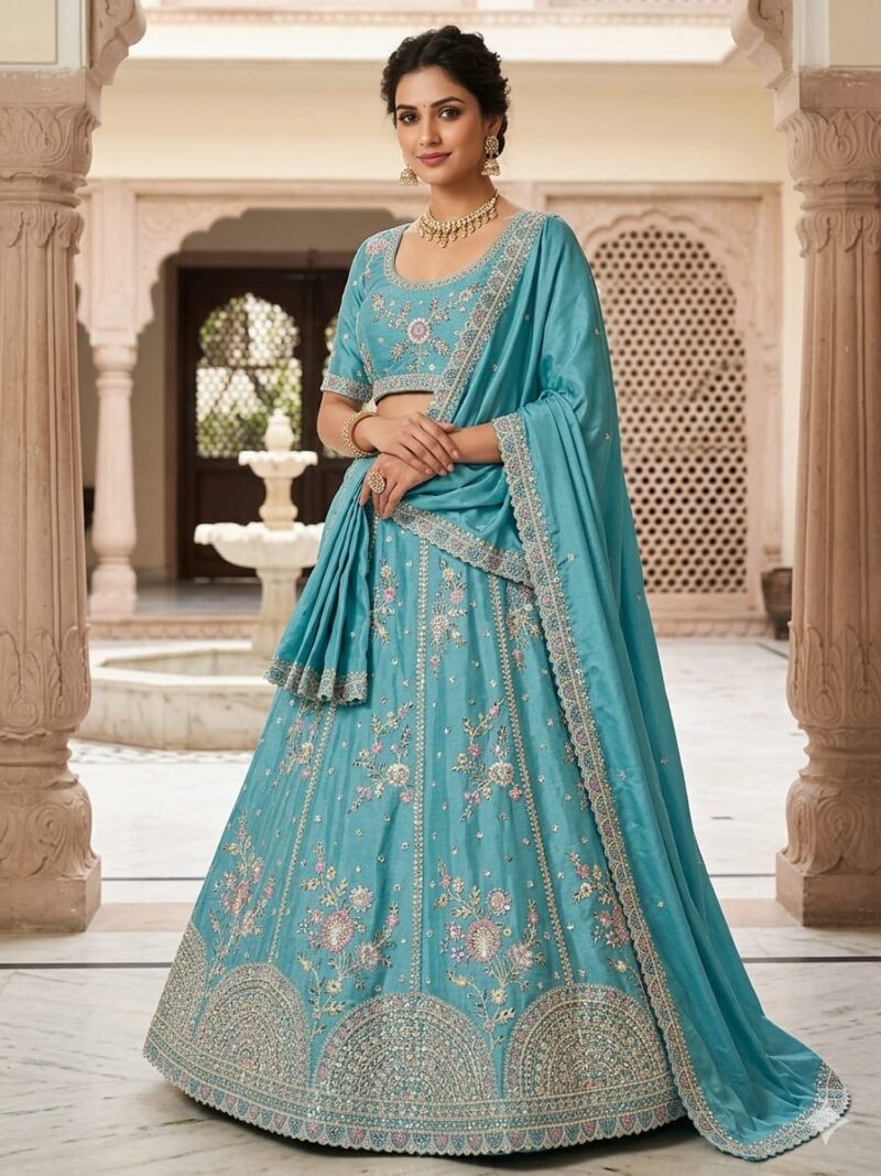 Rich teal bridal lehenga set with zari embroidery