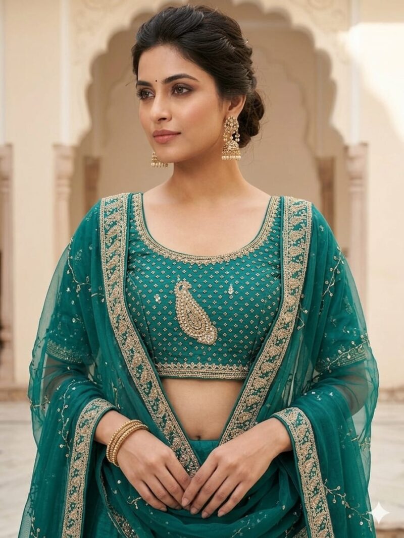 Embroidered teal blouse with intricate zari work detailing