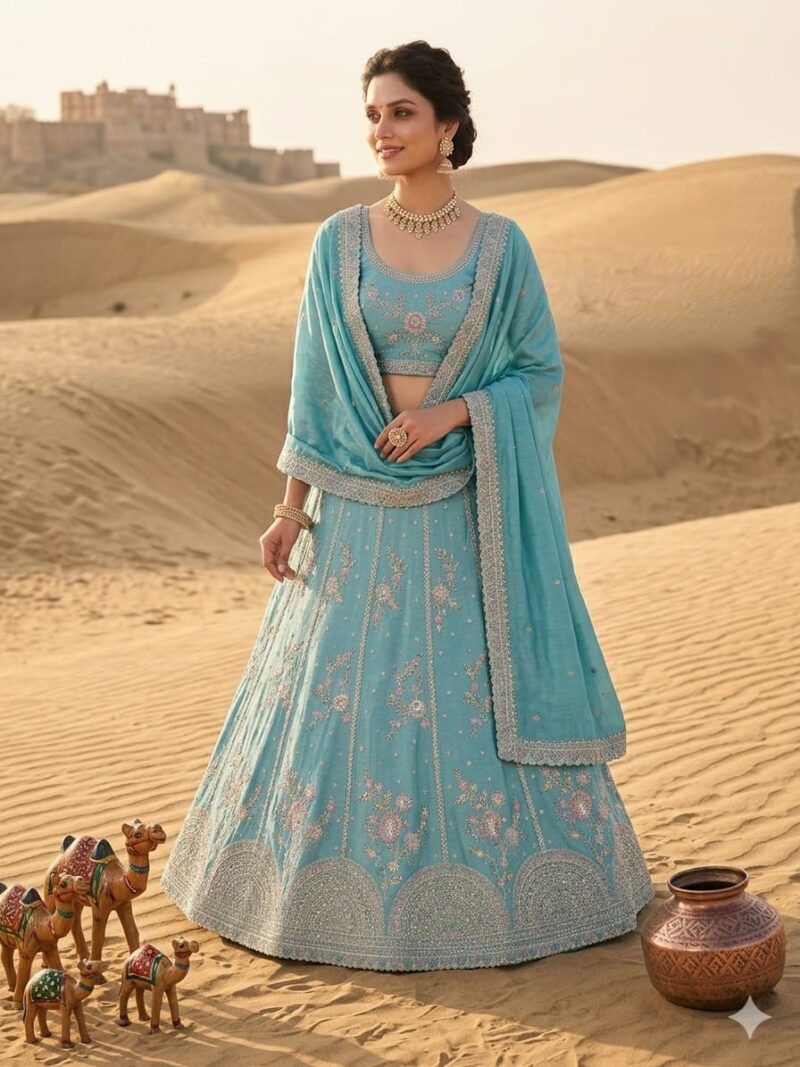 teal-embroidered-bridal-lehenga-set Designer teal ethnic lehenga for wedding celebrations