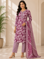 Pink Cotton Suit Set Elegant Floral Traditional Wear