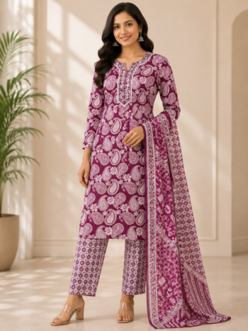 Pink Cotton Suit Set Elegant Floral Traditional Wear