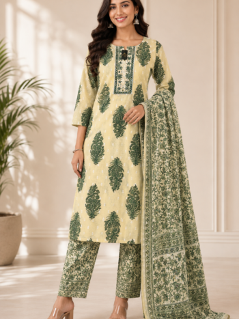 Green Printed Suit Set for Women