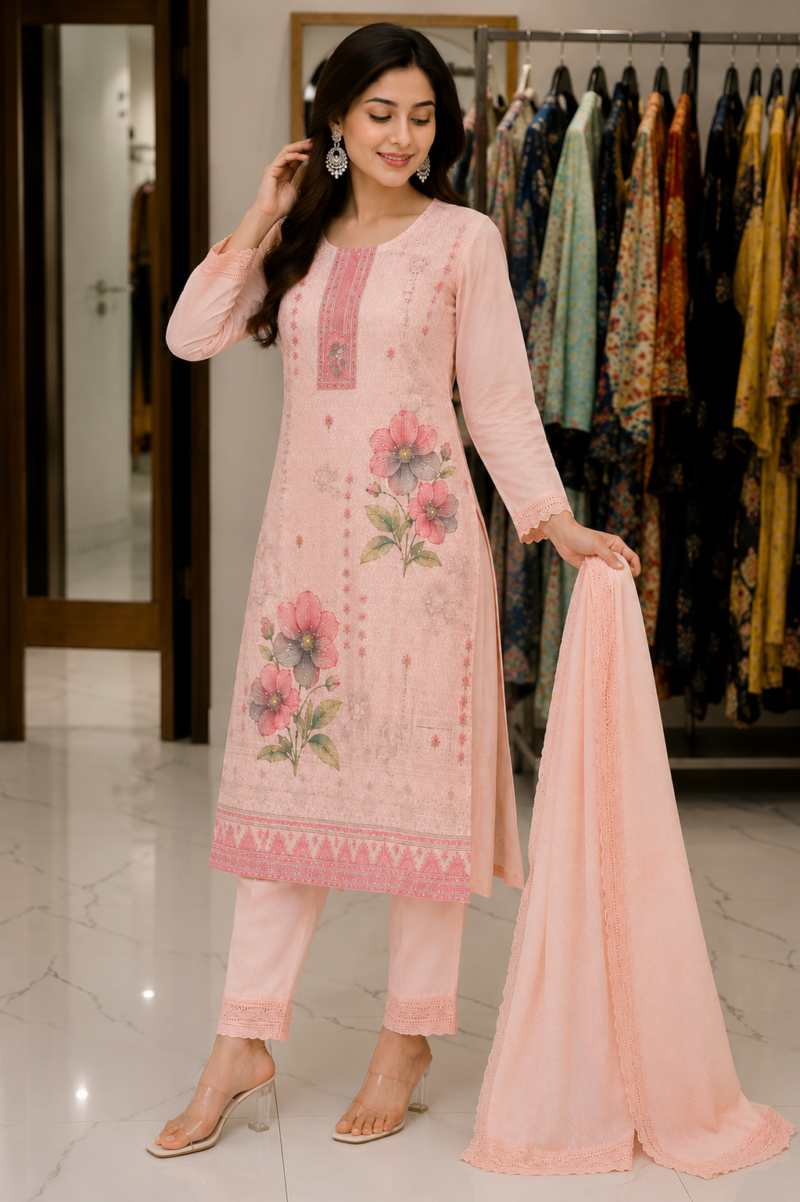 Peach Floral Suit Set Peach floral suit set for women