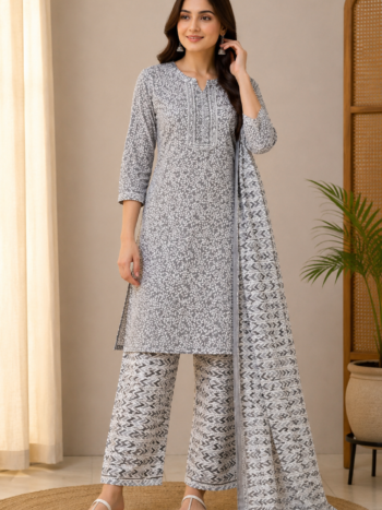 Grey printed suit set modern ethnic appeal